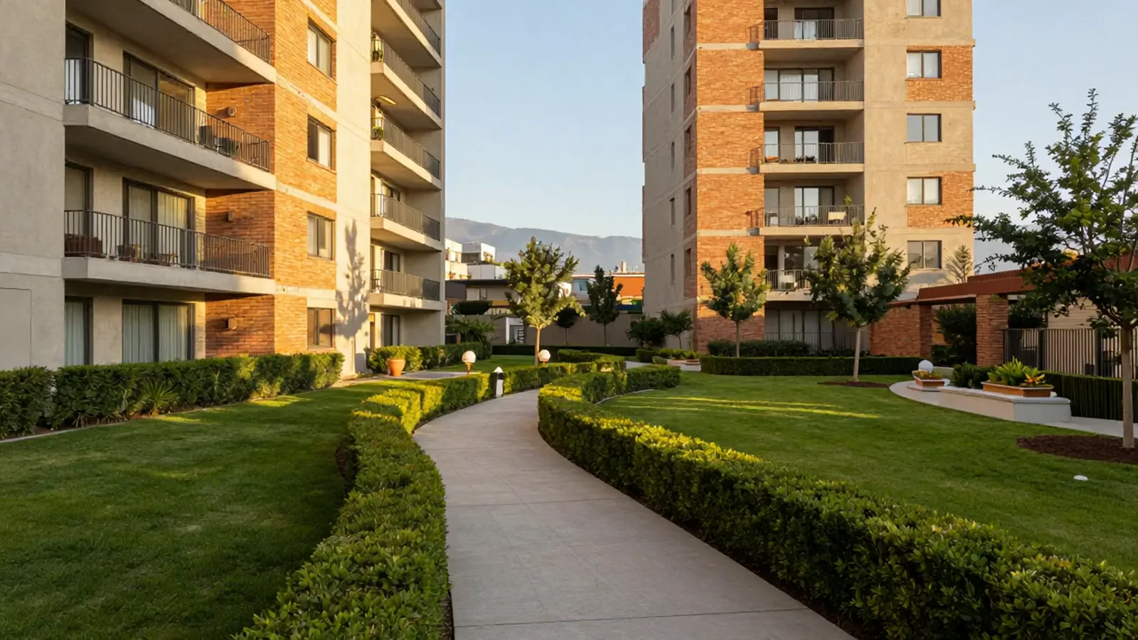 Patio de condominio con setos podados y camino de cemento